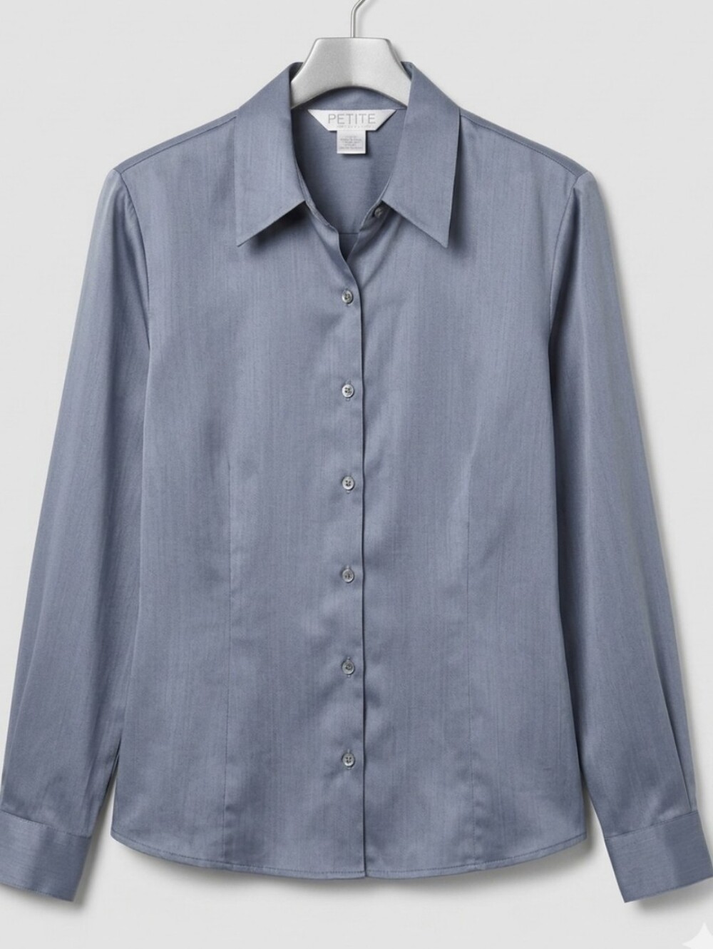 PETITE Sophisticate Classic Long-Sleeve Button-Up Silk Shirt in Steel Blue 8